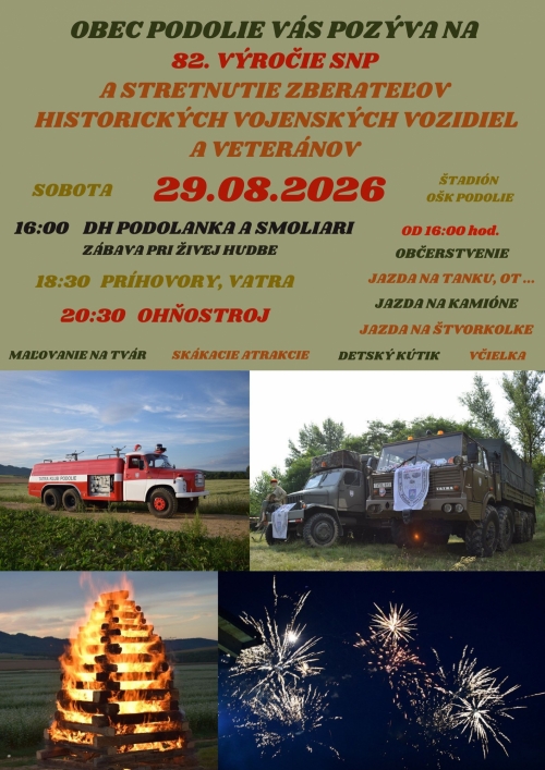 POZÝVAME NA 82. VÝROČIE SNP A STRETNUTIE ZBERATEĽOV HISTORICKÝCH, VOJENSKÝCH VOZIDIEL a VETRÁNOV – fotografia 1