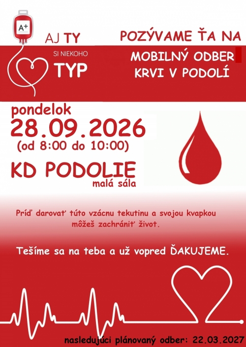 MOBILNÝ ODBER KRVI V PODOLÍ - 28.09.2026 – fotografia 1